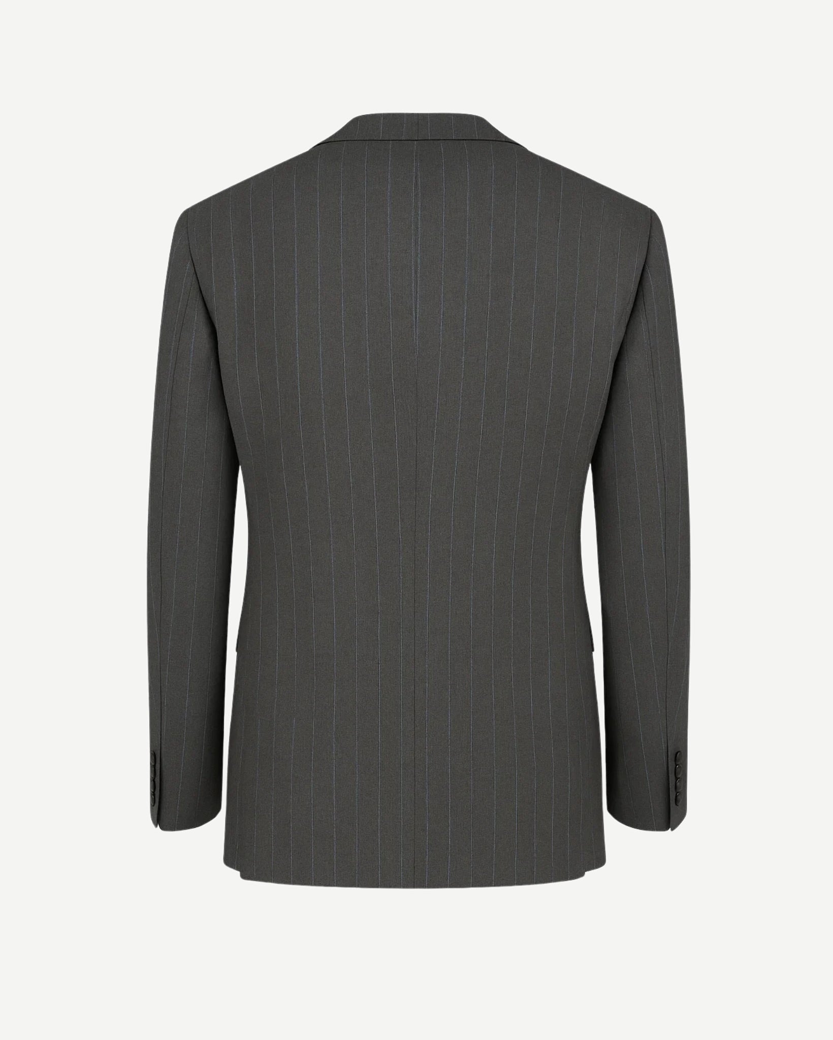 Tailory grey pinstripe deep-V double-breasted blazer back view