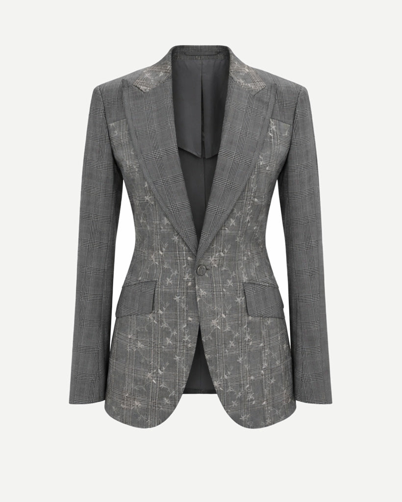 Gray blazer with subtle pattern on a white background