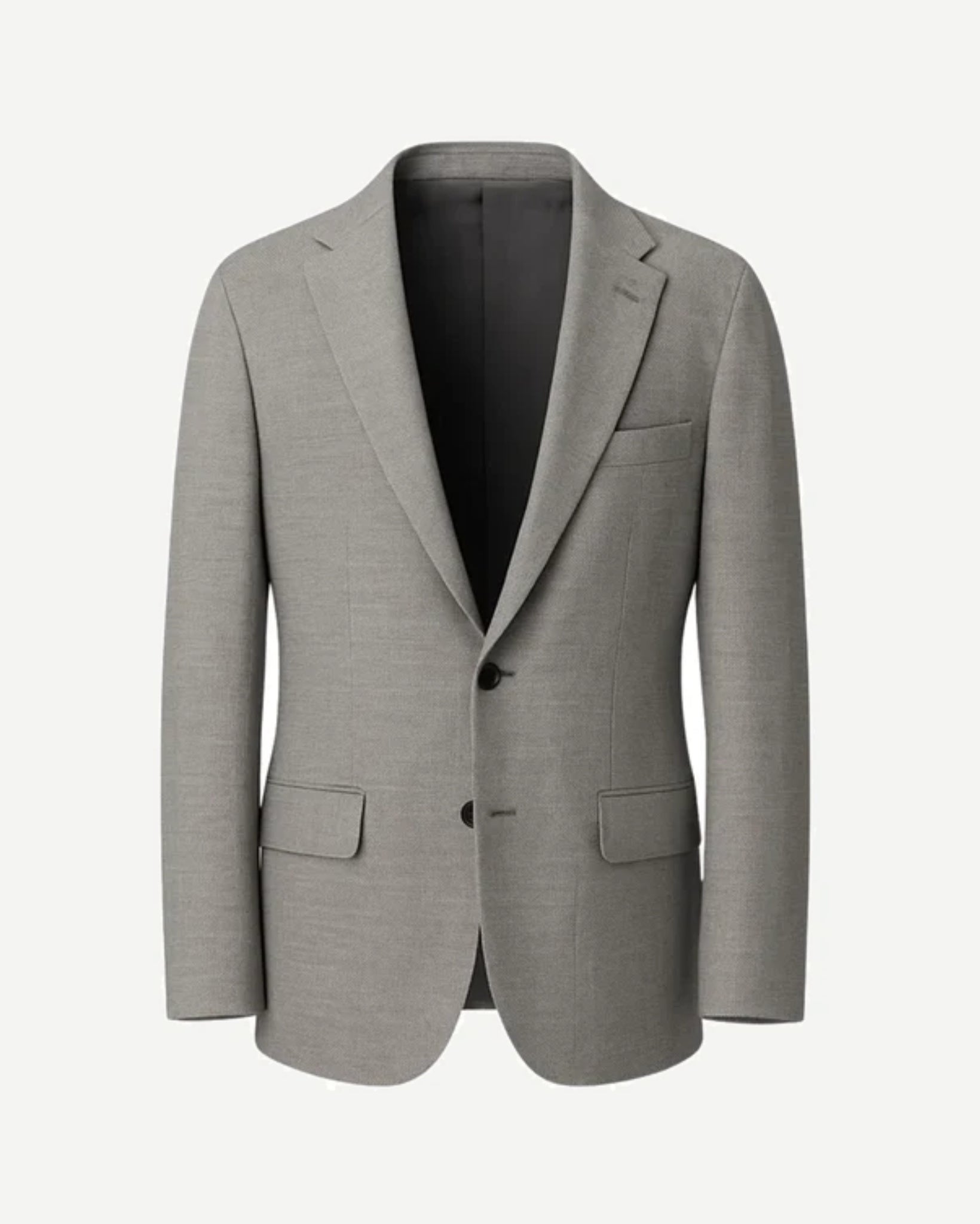 Grey Two-Button Suit Jacket showcasing a clean, tailored silhouette with notch lapels, two front flap pockets, and a smooth finish for refined, versatile mens suiting.