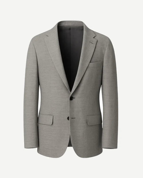 Grey Two-Button Suit Jacket showcasing a clean, tailored silhouette with notch lapels, two front flap pockets, and a smooth finish for refined, versatile mens suiting.