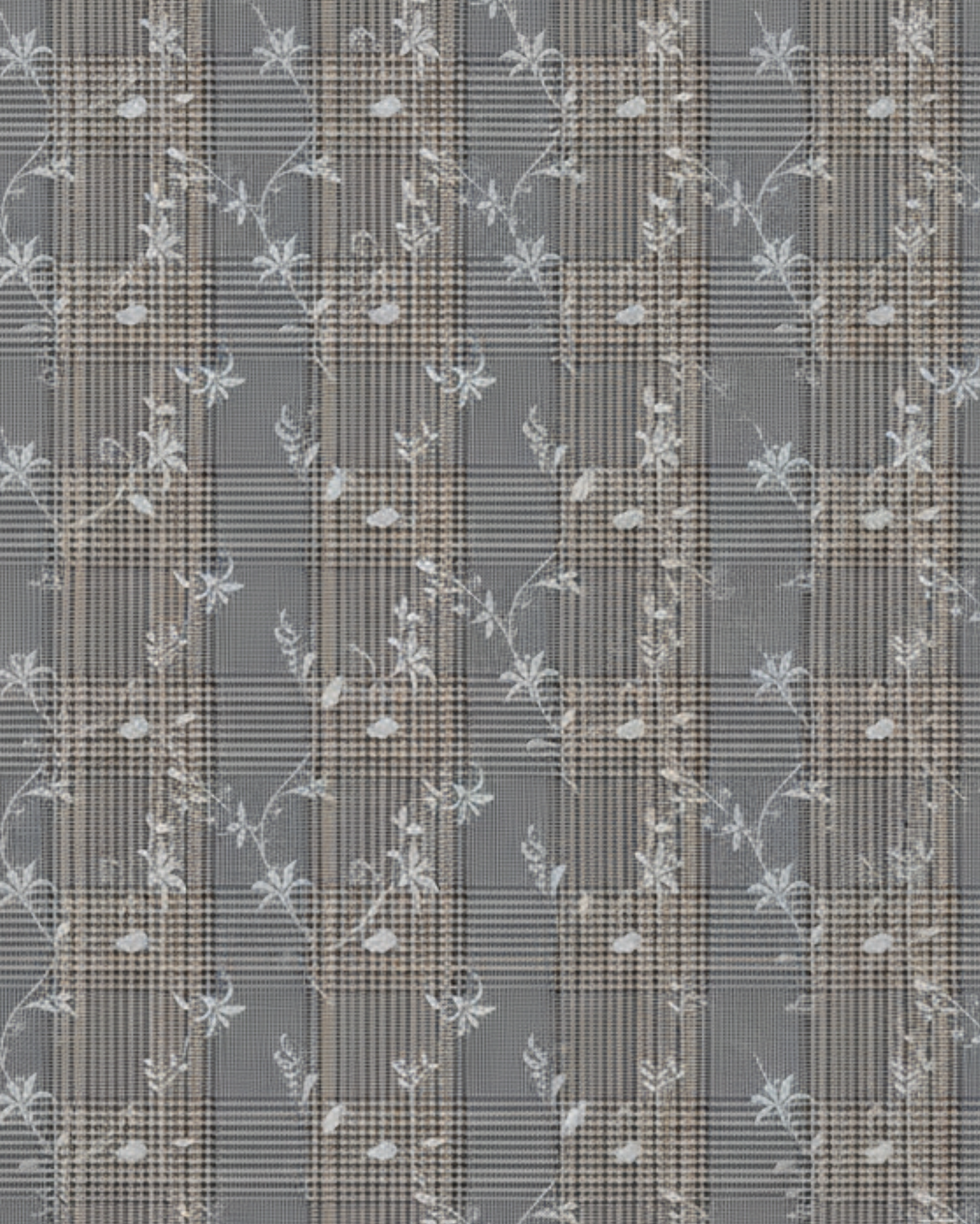Tailory grey plaid wool-blend fabric swatch with metallic embroidery