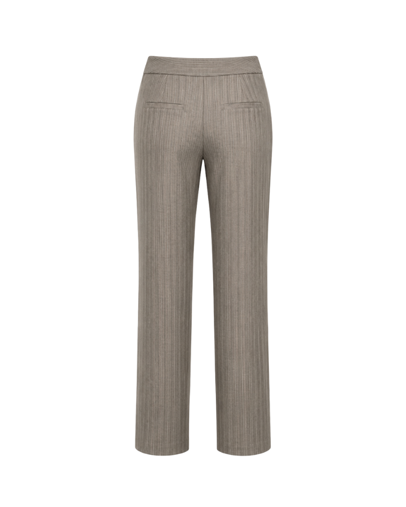 Back view of grey-taupe pinstripe straight-leg trousers with folded waistband, back welt pockets, vertical pinstripe pattern, and full-length hem.