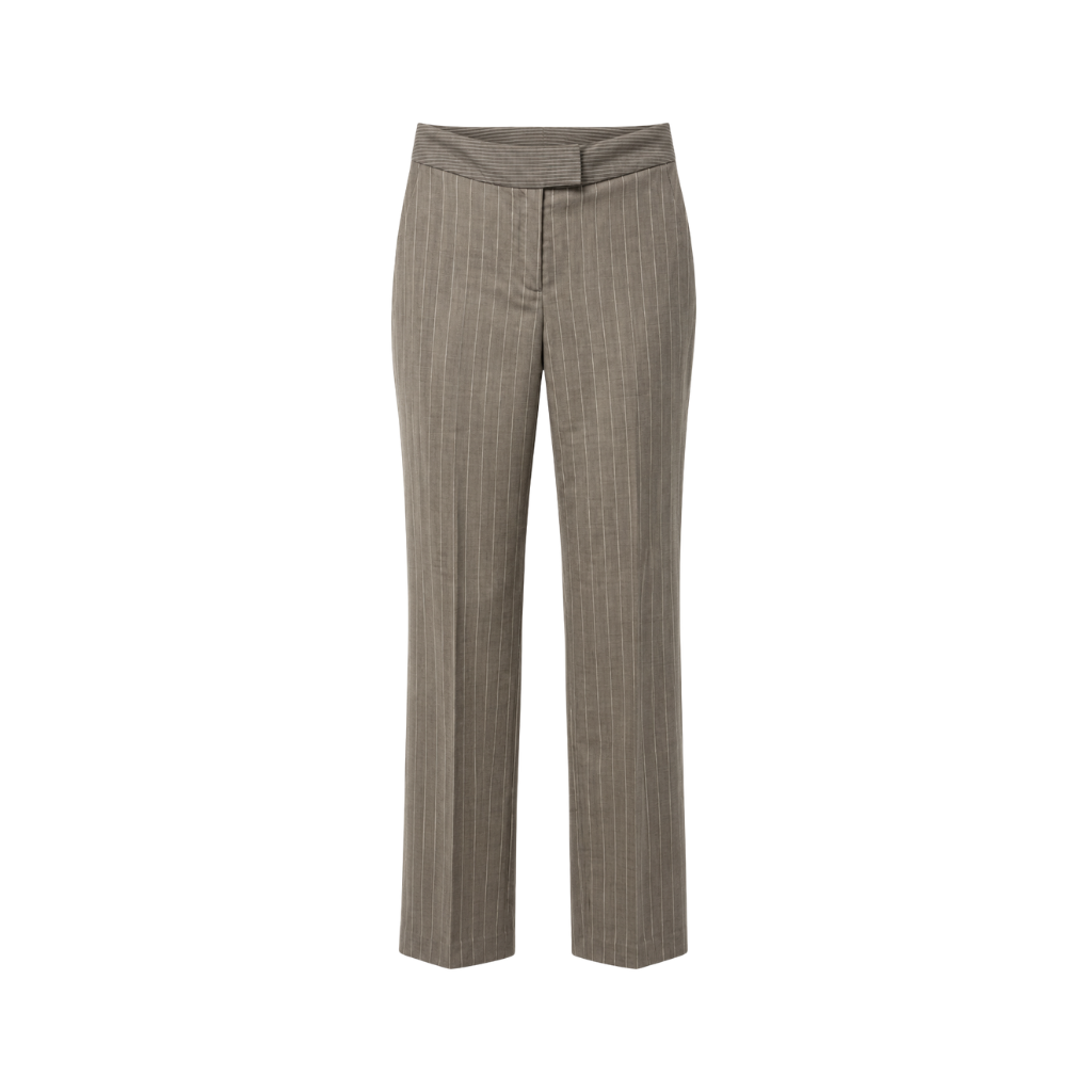 Front view of grey-taupe pinstripe straight-leg trousers with folded waistband, front closure, clean tailored fit, and full-length hem.