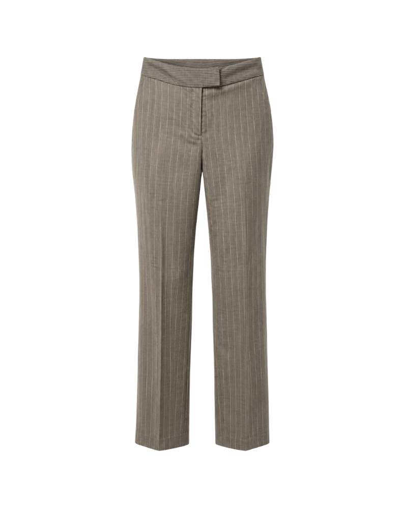 Front view of grey-taupe pinstripe straight-leg trousers with folded waistband, front closure, clean tailored fit, and full-length hem.