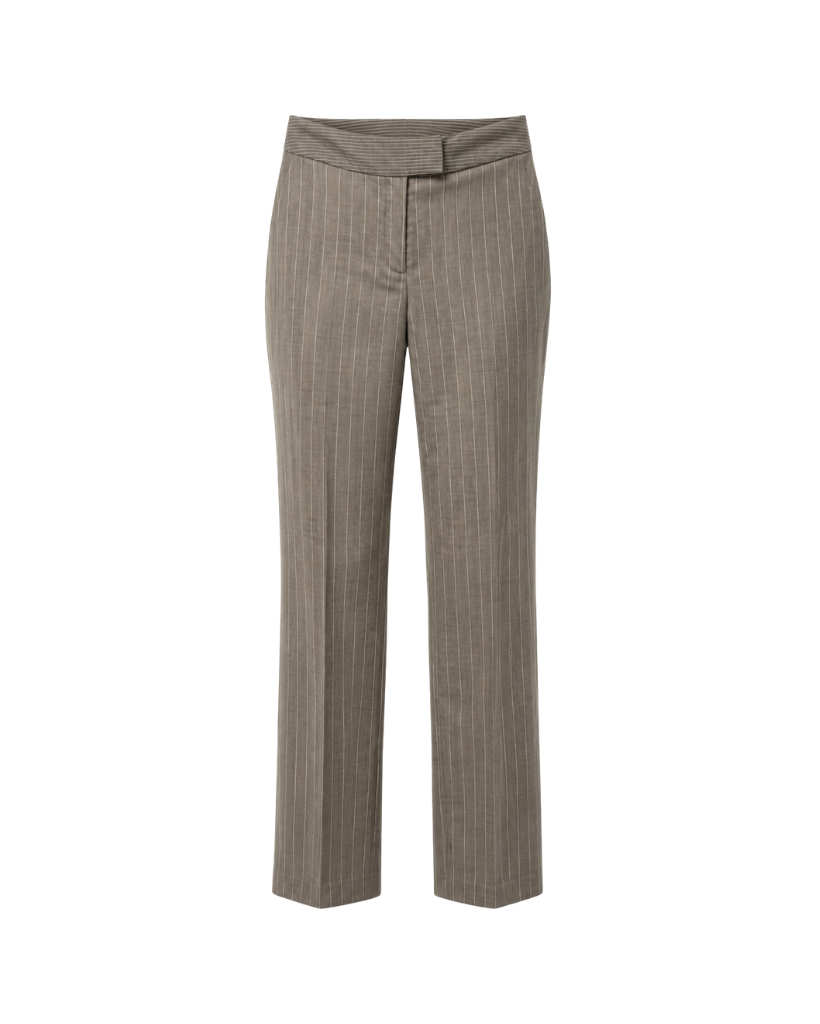 Front view of grey-taupe pinstripe straight-leg trousers with folded waistband, front closure, clean tailored fit, and full-length hem.