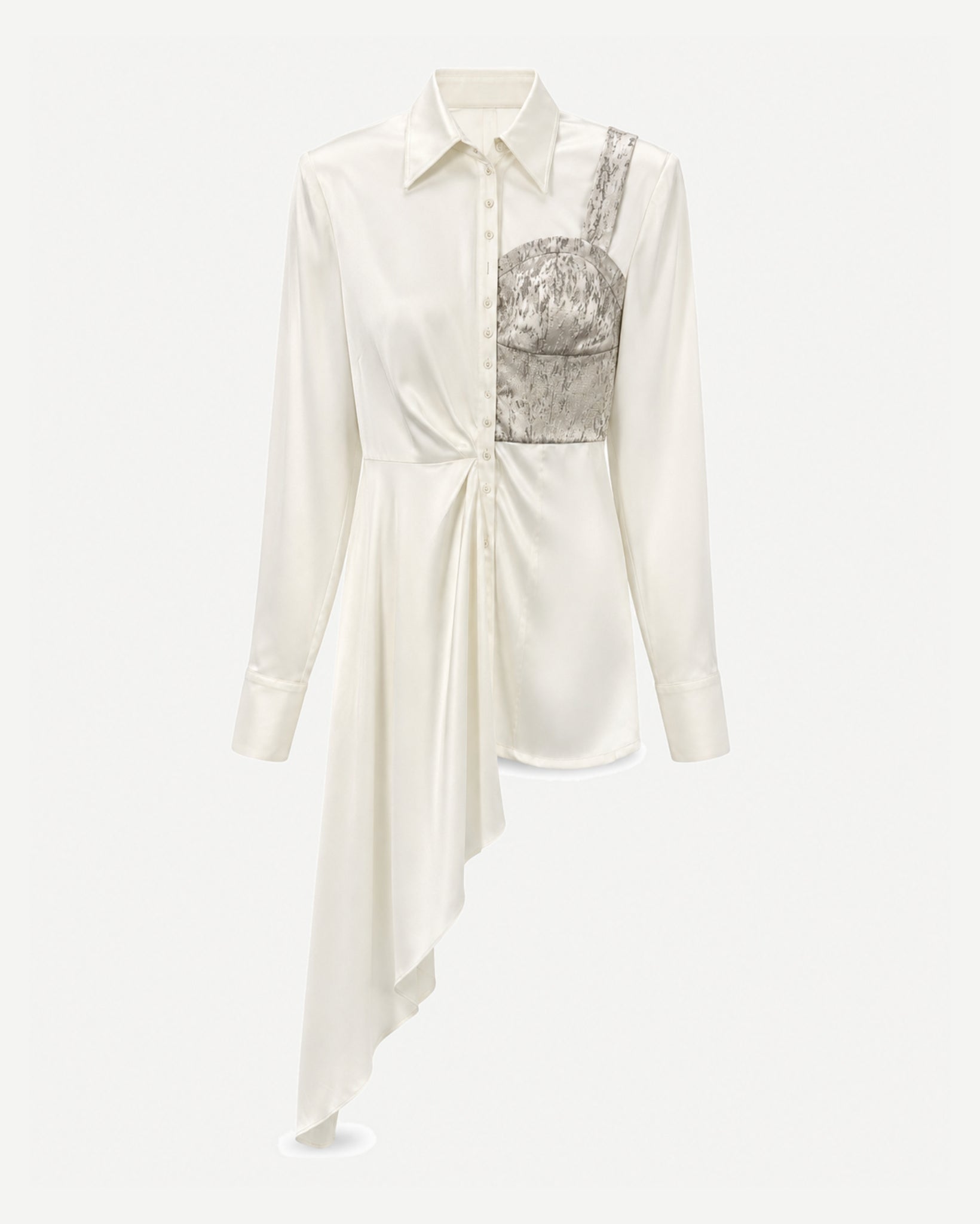 Tailory ivory asymmetric draped shirt front view with metallic corset detail and cascading hem