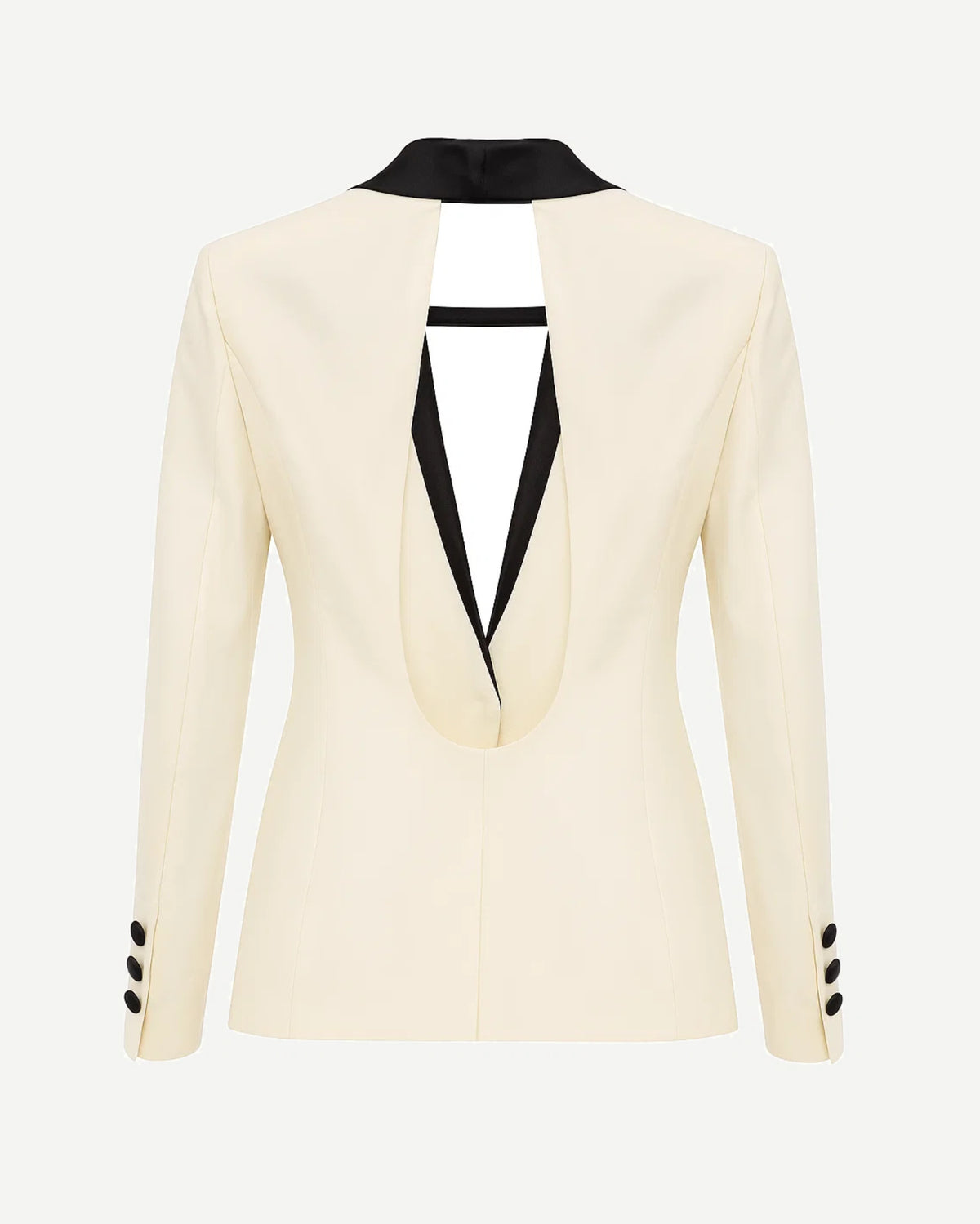 Tailory ivory tuxedo jacket with black satin lapels backless back view