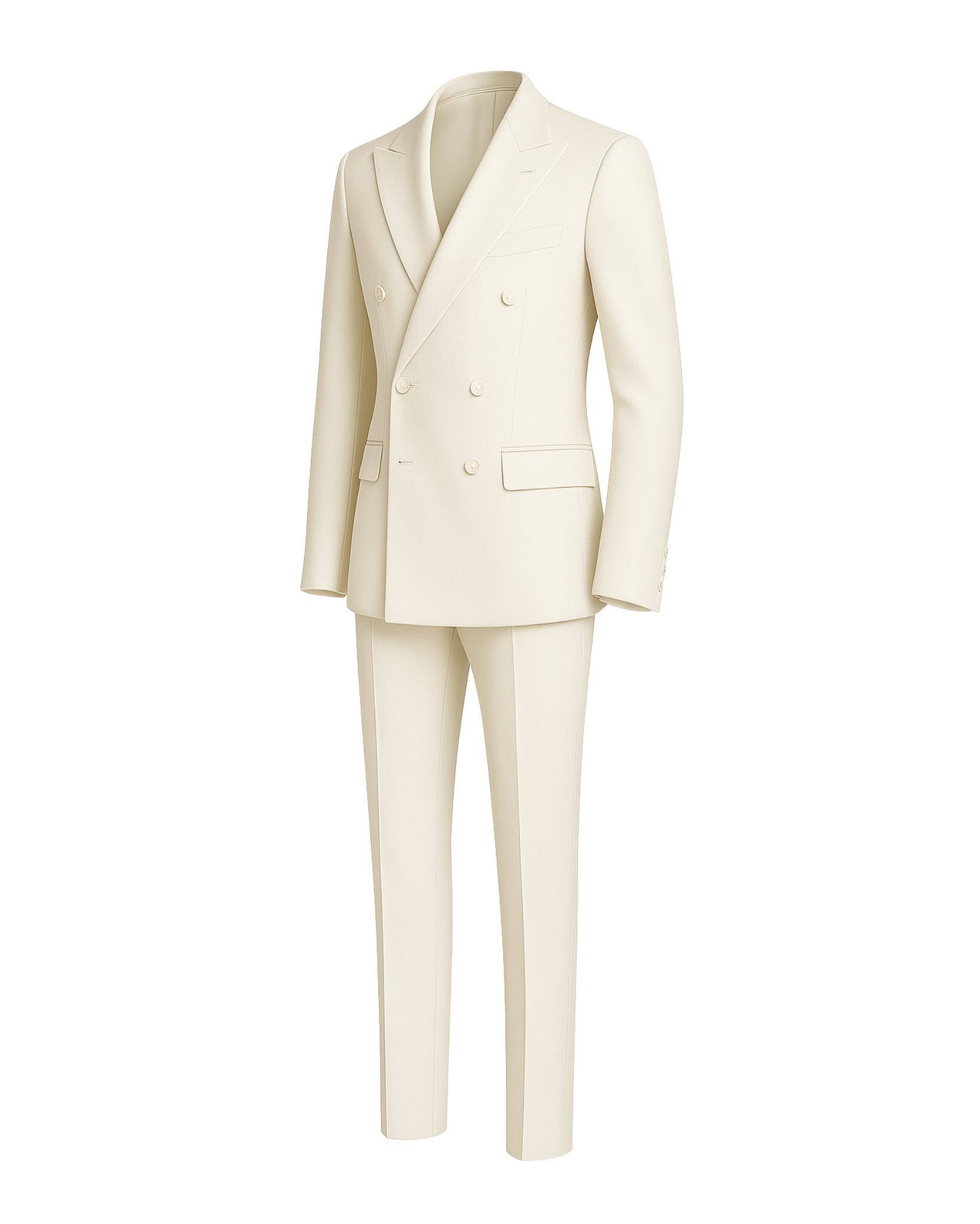 Cream Loro Piana Men's Suit featuring a double-breasted blazer with peak lapels and matching tailored trousers, crafted in luxurious cream fabric for refined men's suiting.