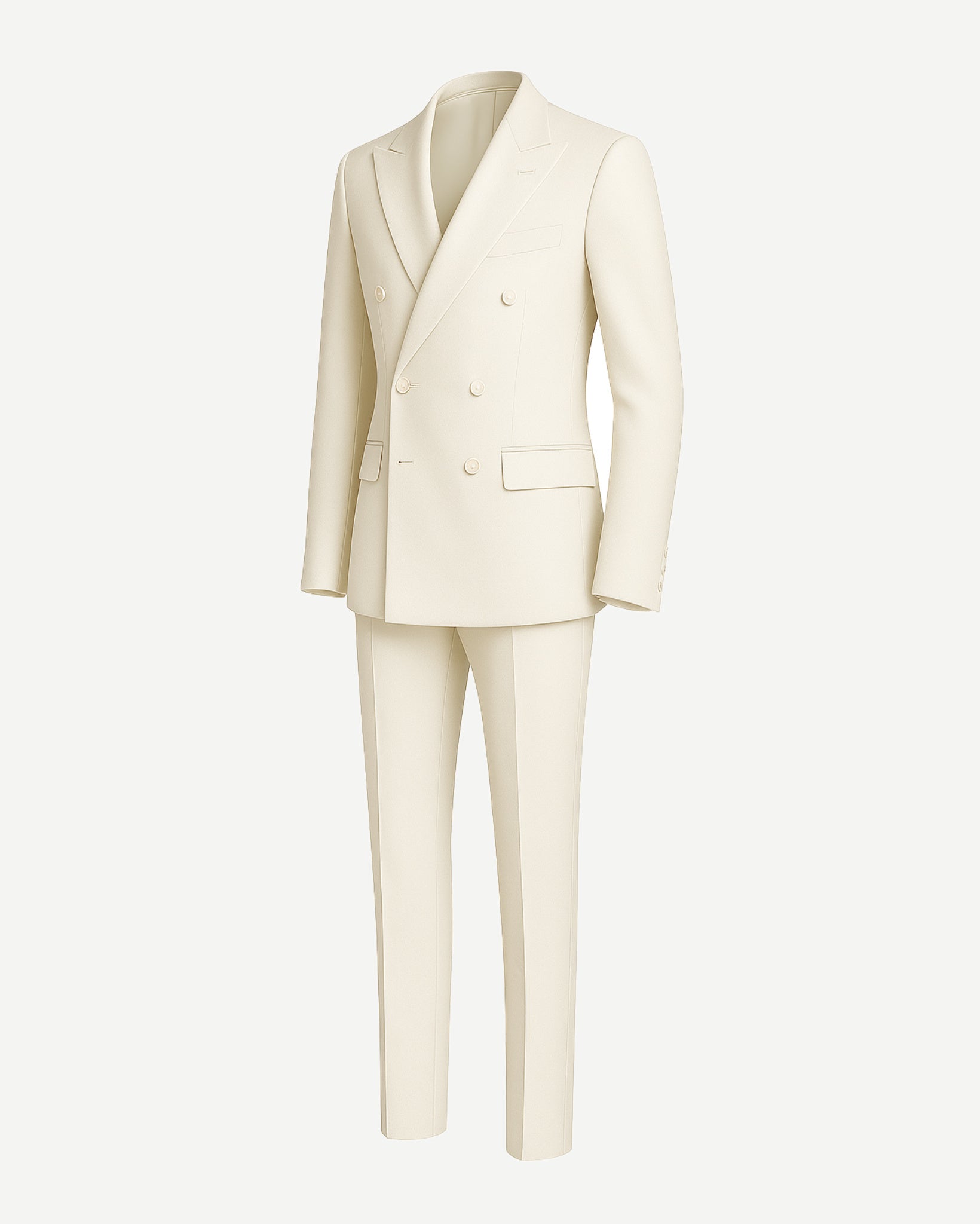 Cream Loro Piana Men's Suit featuring a double-breasted blazer with peak lapels and matching tailored trousers, crafted in luxurious cream fabric for refined men's suiting.