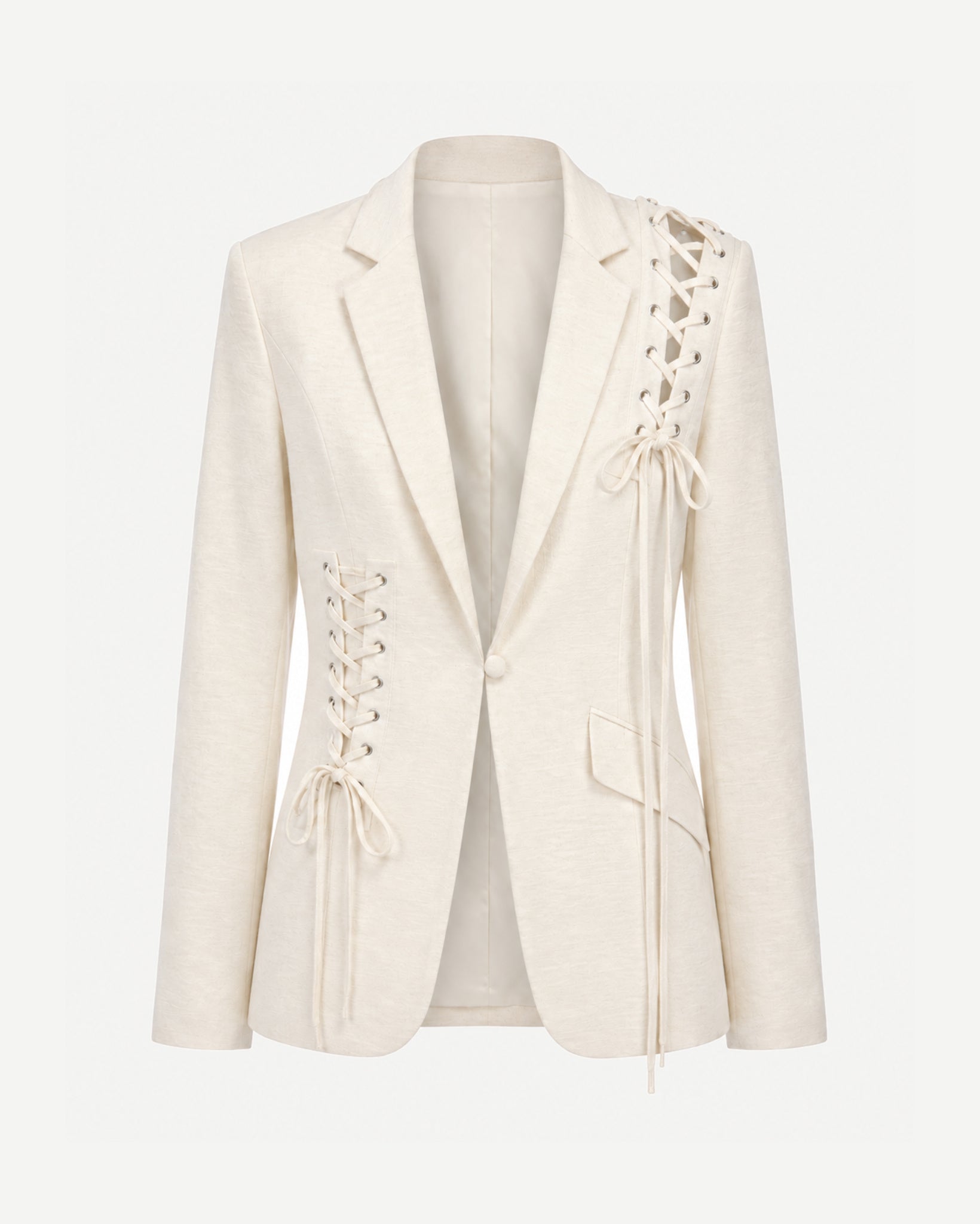Tailory ivory lace-up tailored blazer front view with notched lapels and single-button closure