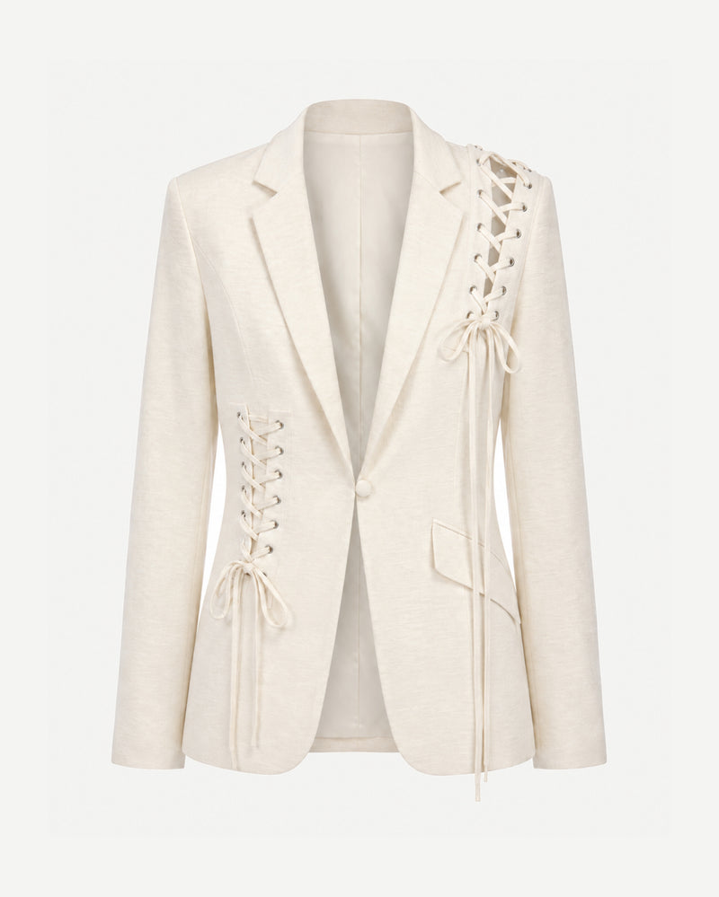 Tailory ivory lace-up tailored blazer front view with notched lapels and single-button closure