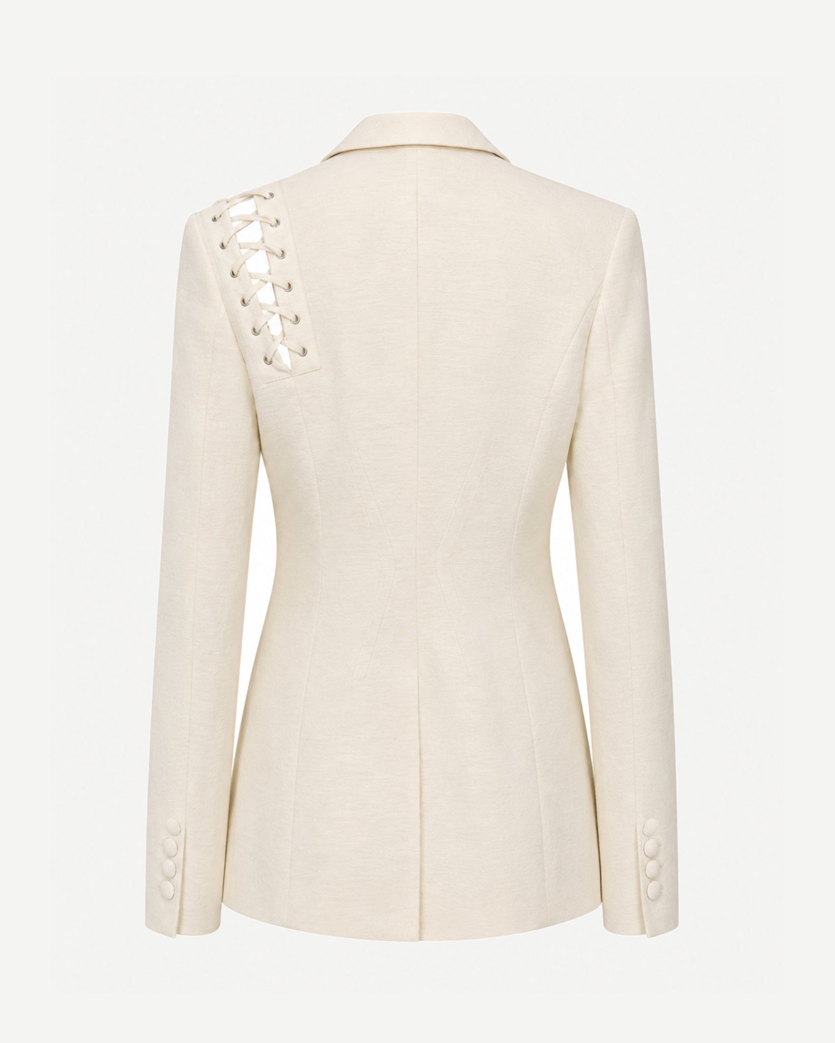 Tailory ivory lace-up tailored blazer back view with notched lapels and single-button closure