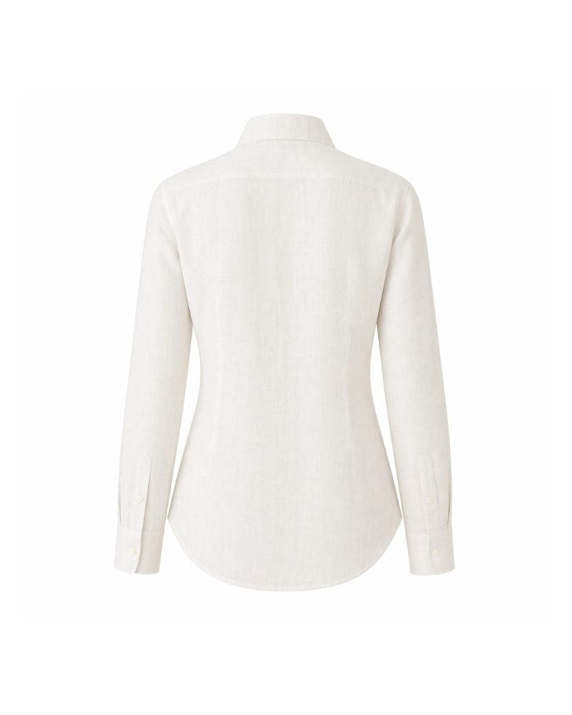 Back view of the Ivory Linen Summer Wedding Shirt featuring a tailored cut with long sleeves and buttoned cuffs, crafted from lightweight, breathable linen for elegant warm-weather wear.
