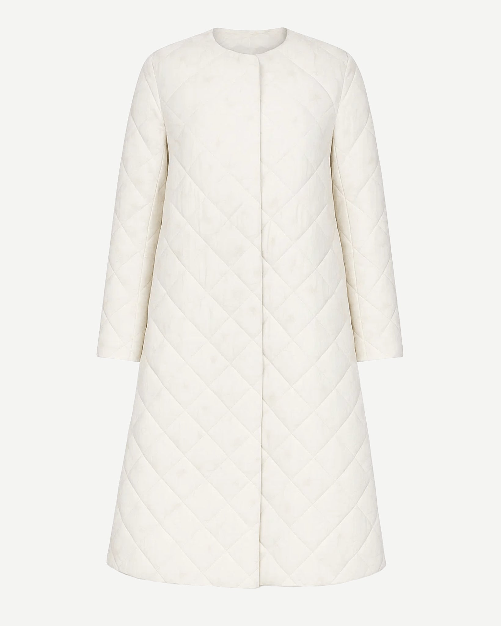 Tailory ivory quilted puffer coat Loro Piana silk lotus print front view
