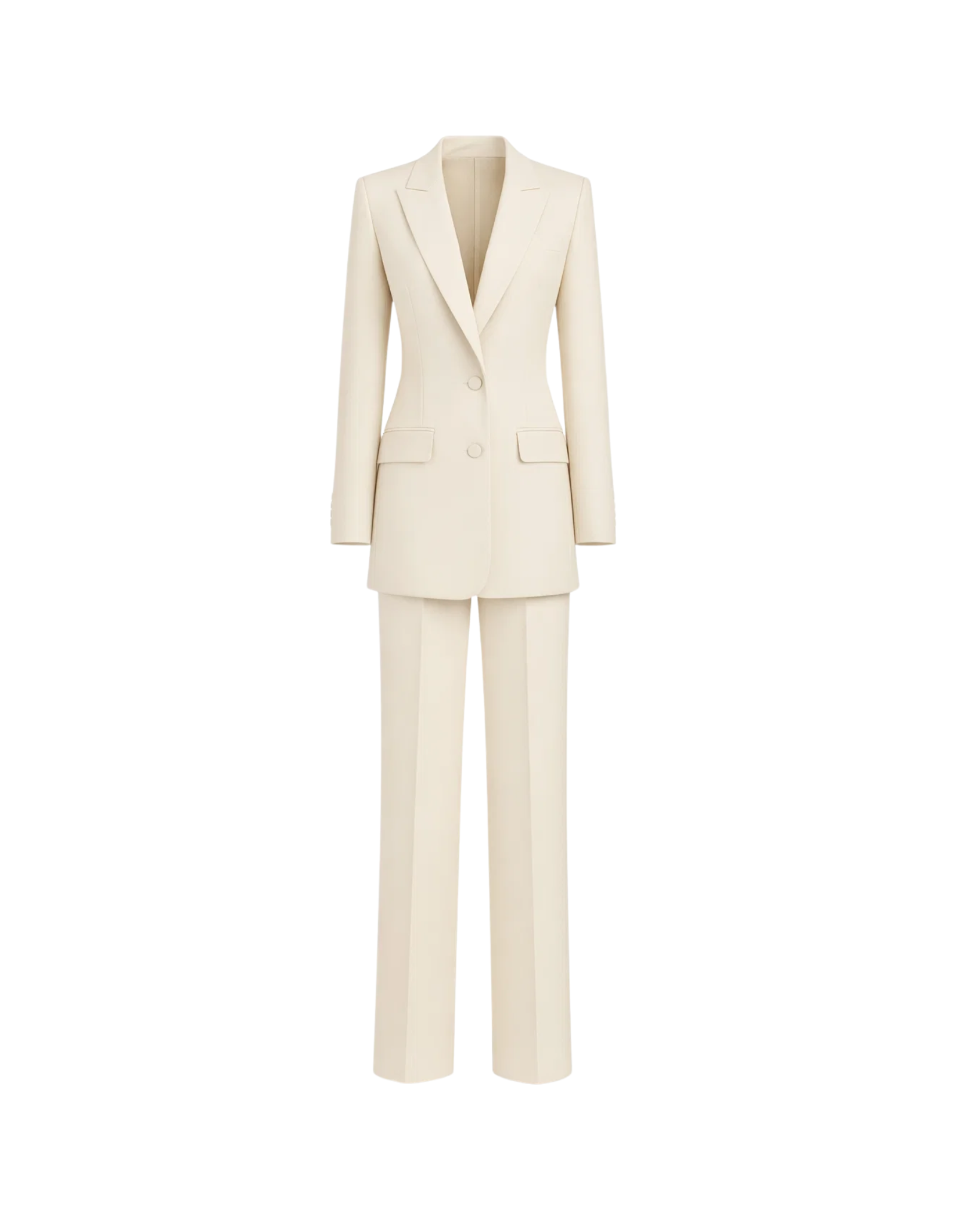Ivory Loro Piana Women's City Hall Wedding Suit featuring a long tailored blazer with peak lapels and matching straight-leg trousers in luxurious ivory fabric for sophisticated bridal suiting.