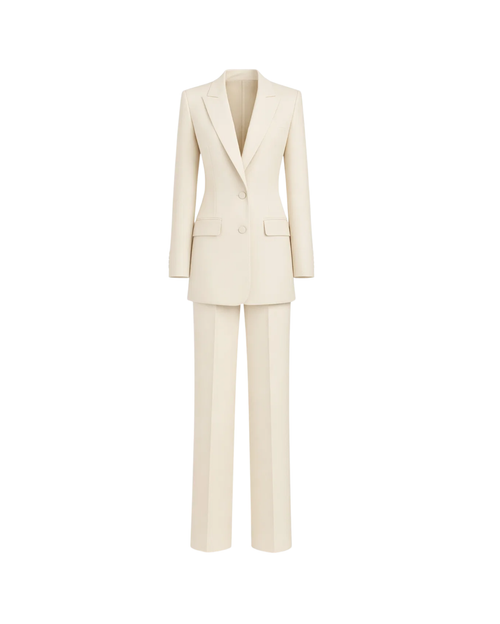 Ivory Loro Piana Women's City Hall Wedding Suit featuring a long tailored blazer with peak lapels and matching straight-leg trousers in luxurious ivory fabric for sophisticated bridal suiting.