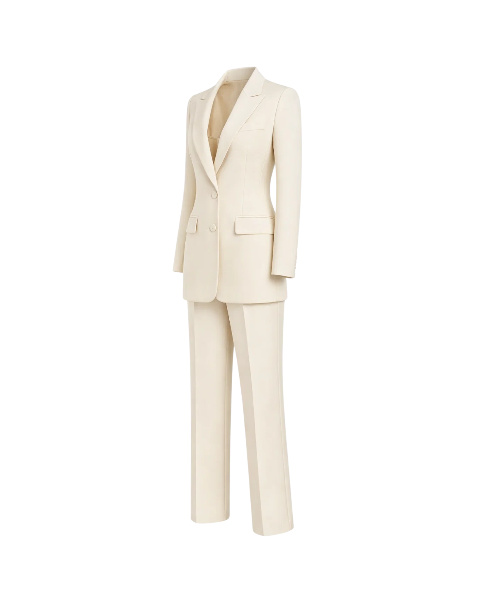 Ivory Loro Piana Women's City Hall Wedding Suit featuring a sleek, tailored blazer with peak lapels and matching straight-leg trousers crafted in luxurious, soft ivory fabric for elegant bridal suiting.