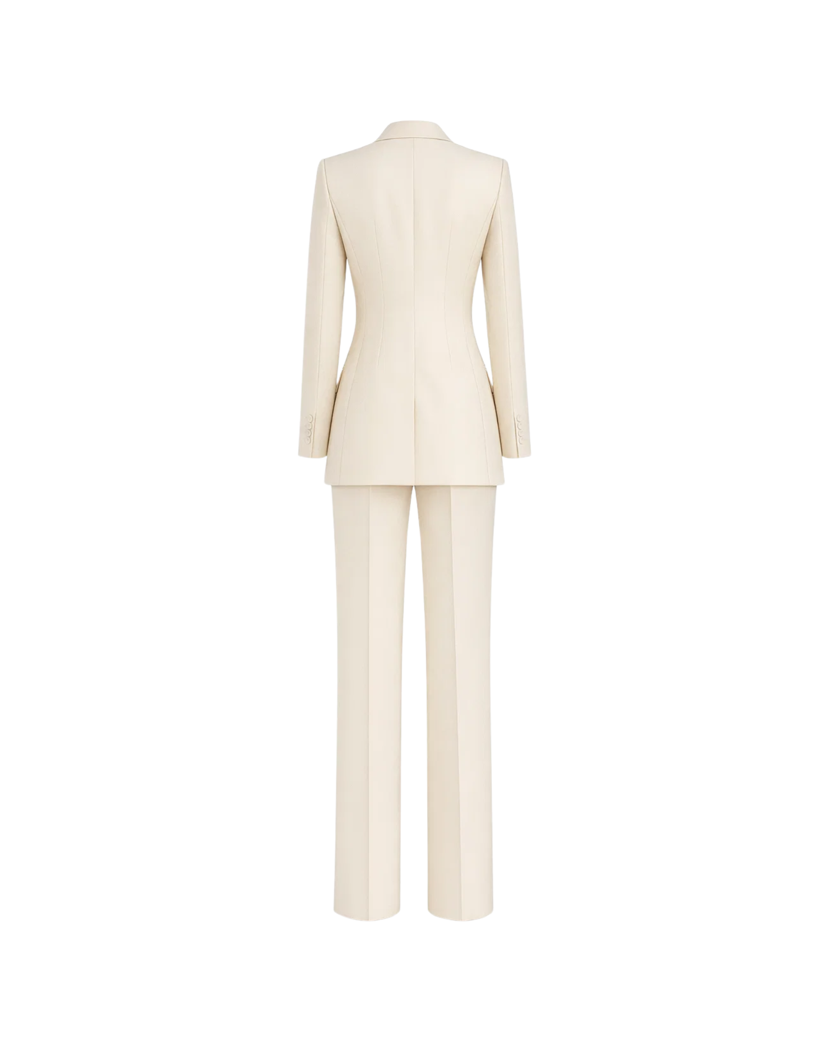 Ivory Loro Piana Women's City Hall Wedding Suit showcased from the back, featuring a structured long blazer with subtle tailoring and matching straight-leg trousers in luxurious ivory fabric.