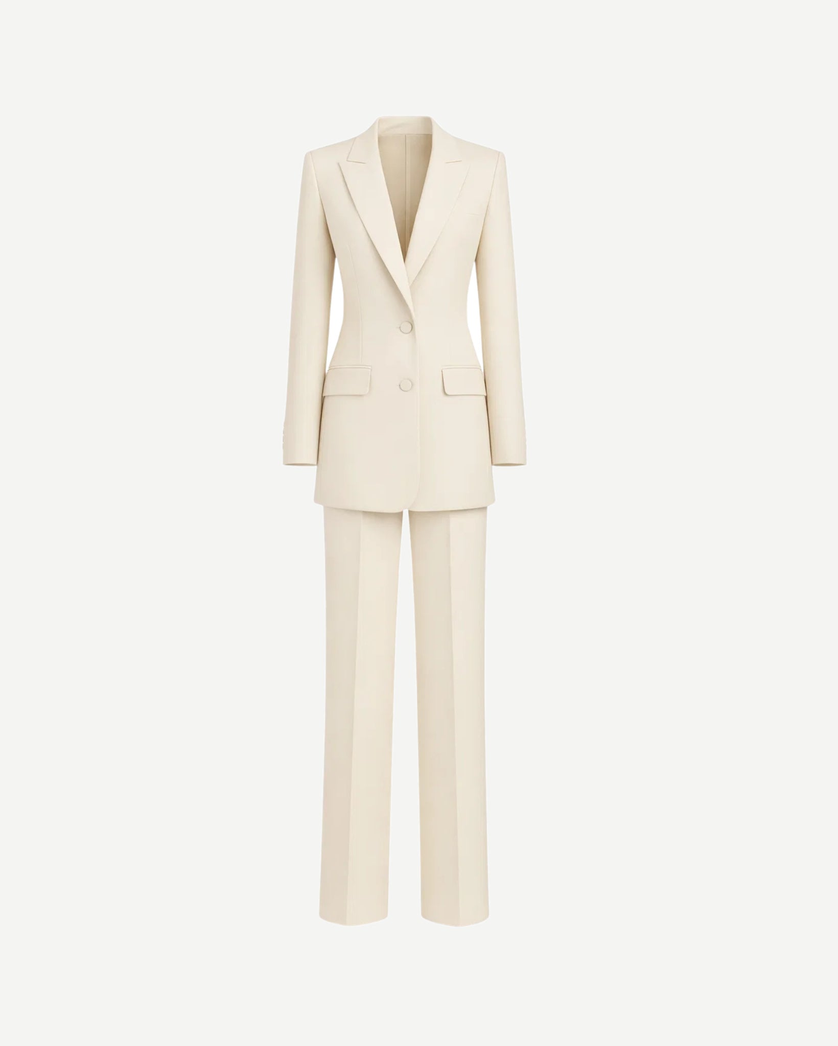 Ivory Loro Piana Women's City Hall Wedding Suit featuring a long tailored blazer with peak lapels and matching straight-leg trousers in luxurious ivory fabric for sophisticated bridal suiting.