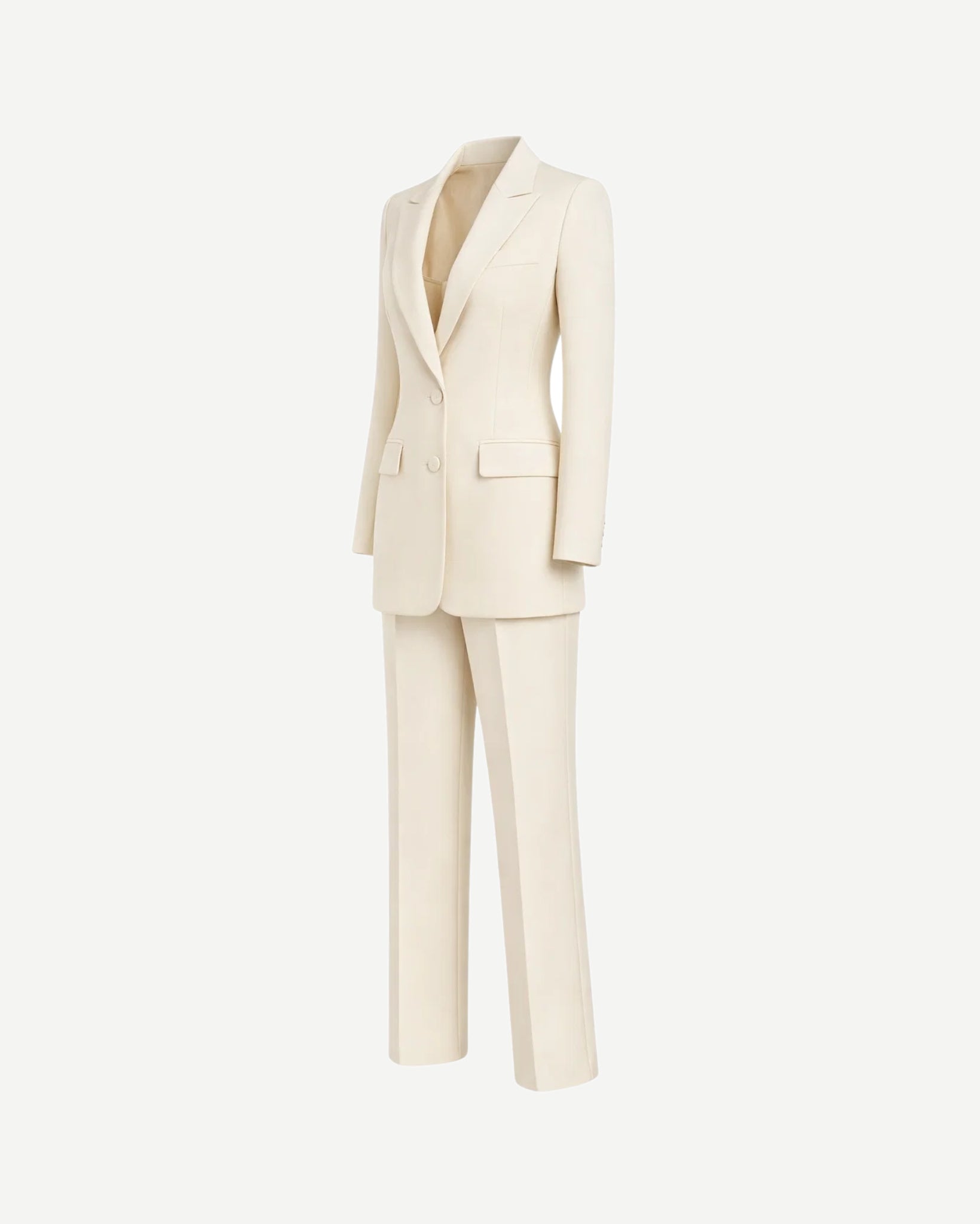 Ivory Loro Piana Women's City Hall Wedding Suit featuring a sleek, tailored blazer with peak lapels and matching straight-leg trousers crafted in luxurious, soft ivory fabric for elegant bridal suiting.