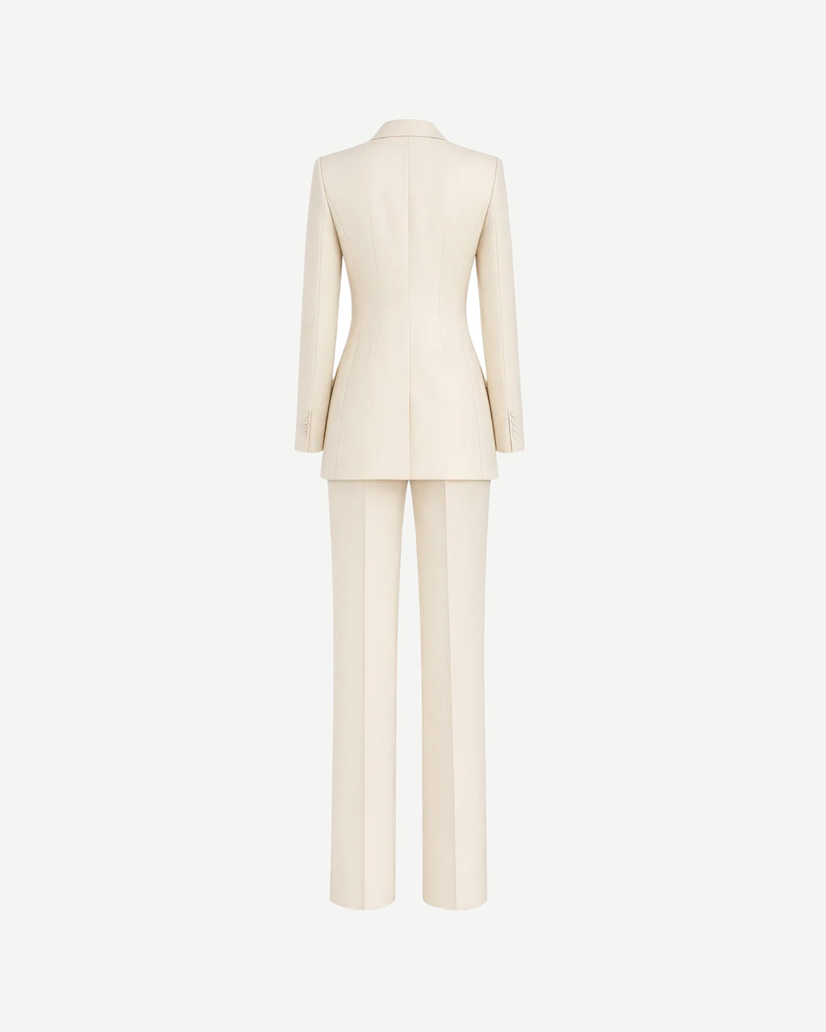 Ivory Loro Piana Women's City Hall Wedding Suit showcased from the back, featuring a structured long blazer with subtle tailoring and matching straight-leg trousers in luxurious ivory fabric.