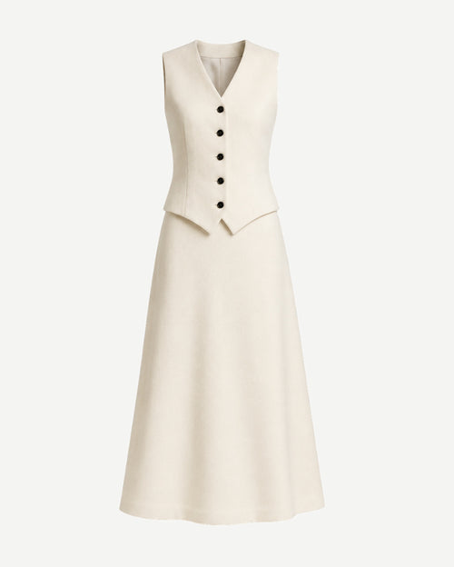 Ivory Loro Piana women's two-piece skirt and vest set front view