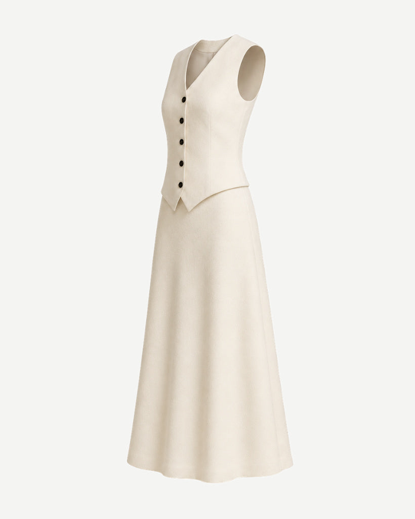 Ivory Loro Piana women's two-piece skirt and vest set side view