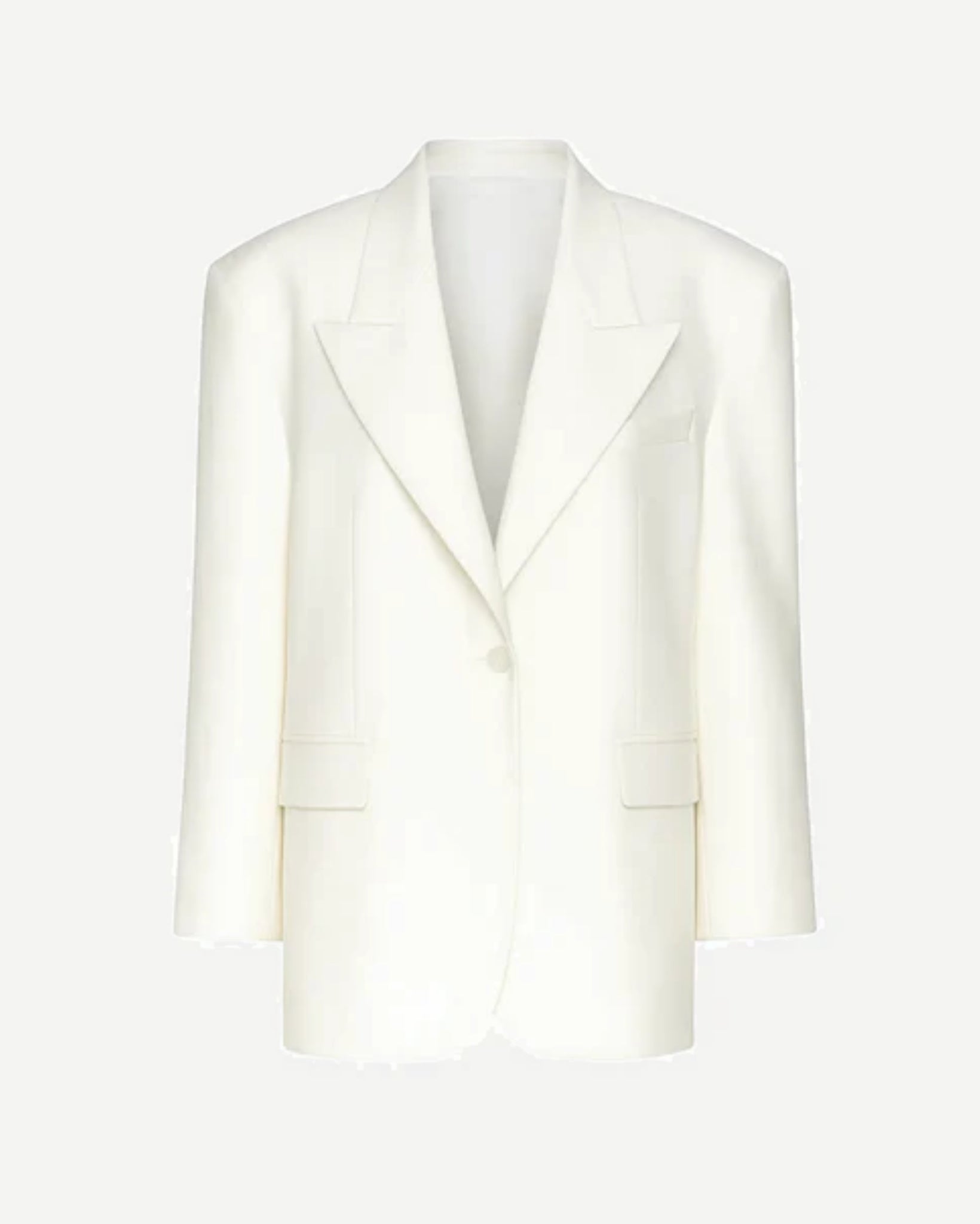 Ivory Oversized Boxy Wedding Blazer with a clean, sharp silhouette featuring wide lapels, a single-button front closure, and structured tailoring for modern bridal suiting.