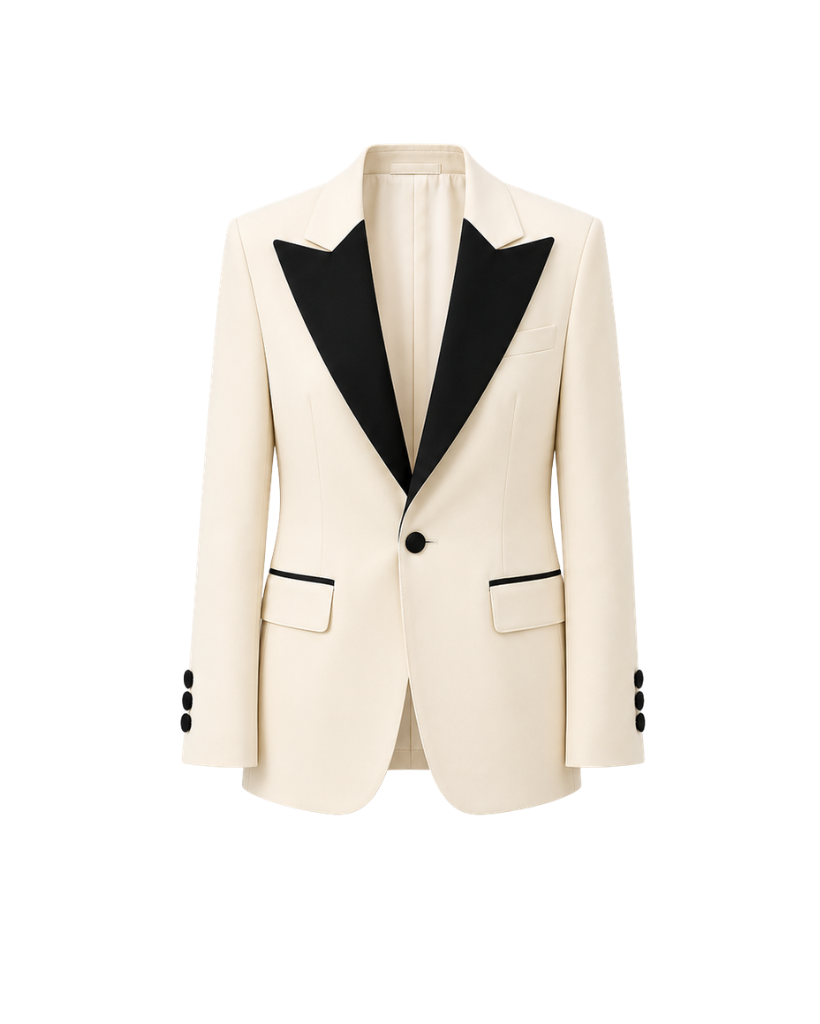 Ivory Peak Lapel Women’s Wool Tuxedo Jacket in a creamy ivory hue with contrasting black peak lapels, single-button closure, flap pockets accented with black trim, and four-button cuffs for elegant formalwear.