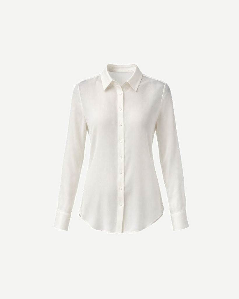 Ivory Semi-Sheer Tailored Shirt with a classic pointed collar, long sleeves with buttoned cuffs, and a fitted silhouette crafted from lightweight sheer fabric for elegant layering.