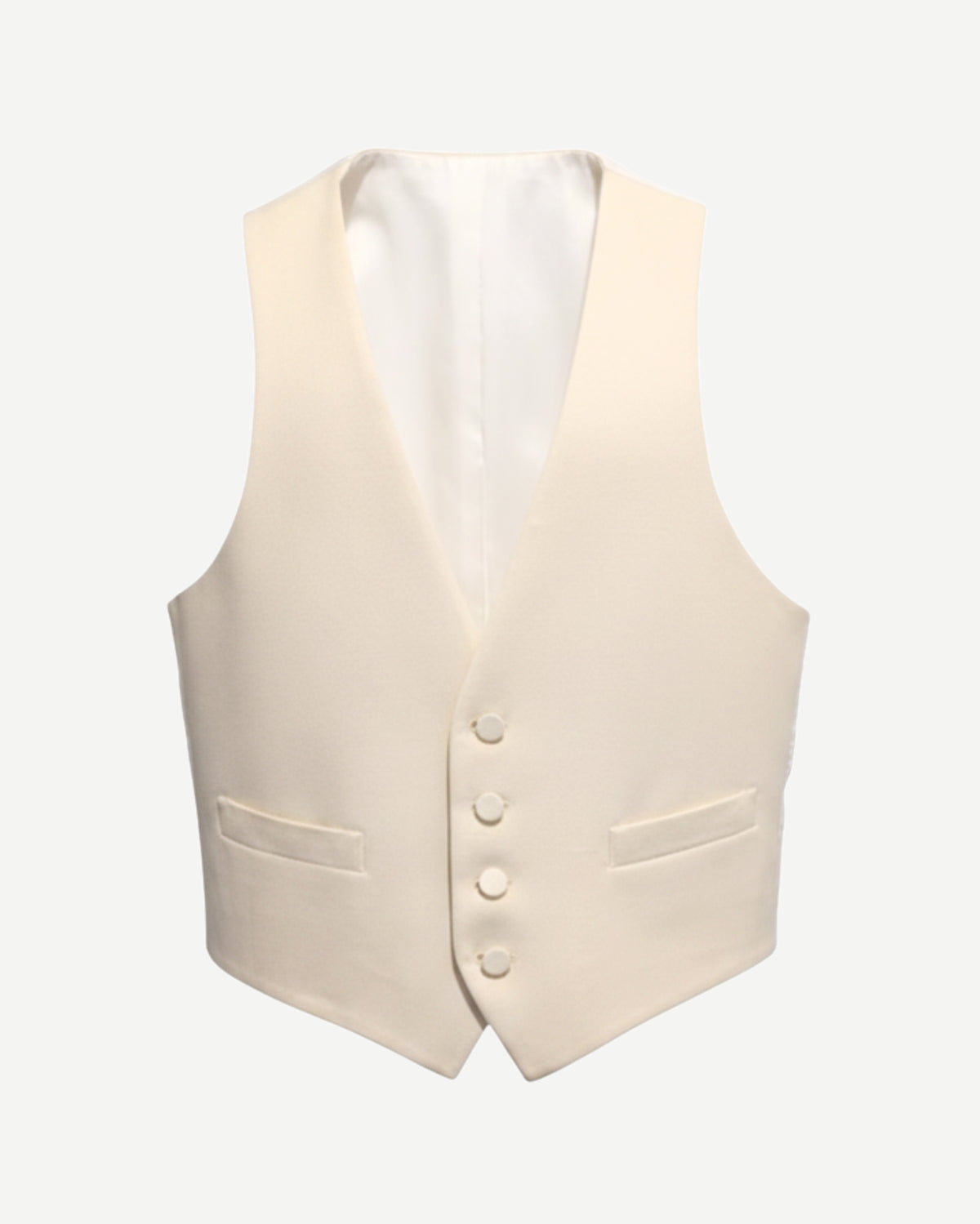 Ivory Tailored Button-Front Vest featuring a smooth fabric with a tailored silhouette, deep V-neckline, four covered buttons, and welt pockets for a polished formal look.