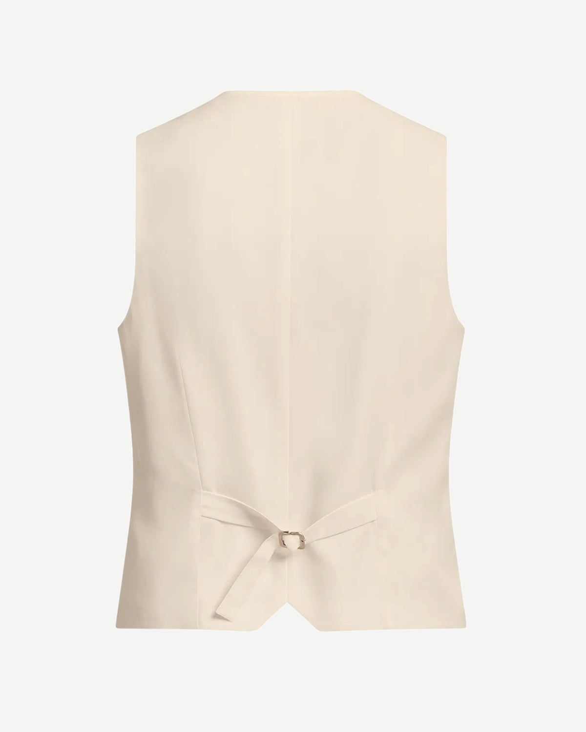 Back view of Ivory Tailored Button-Front Vest showcasing a smooth fabric with an adjustable back strap and a clean, structured silhouette for a sophisticated formalwear finish.
