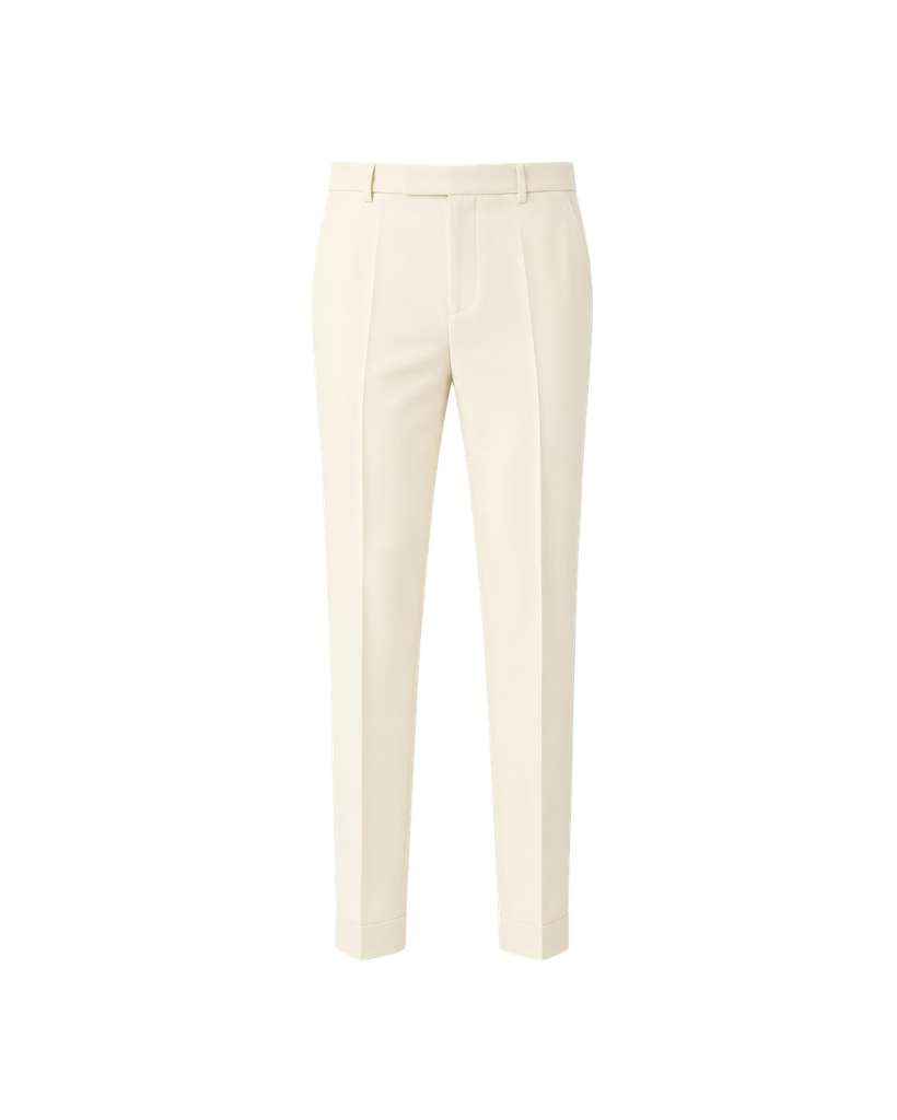 Ivory Women’s Wool Tuxedo Pants in a soft ivory wool fabric, featuring a tailored fit with belt loops, front pleats, and a clean cuff hem for sophisticated formalwear.