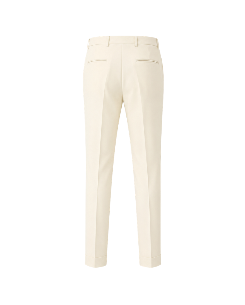 Ivory Women’s Wool Tuxedo Pants crafted from smooth wool fabric, featuring a tailored silhouette, belt loops, rear welt pockets, and clean cuffed hems for elegant formalwear.