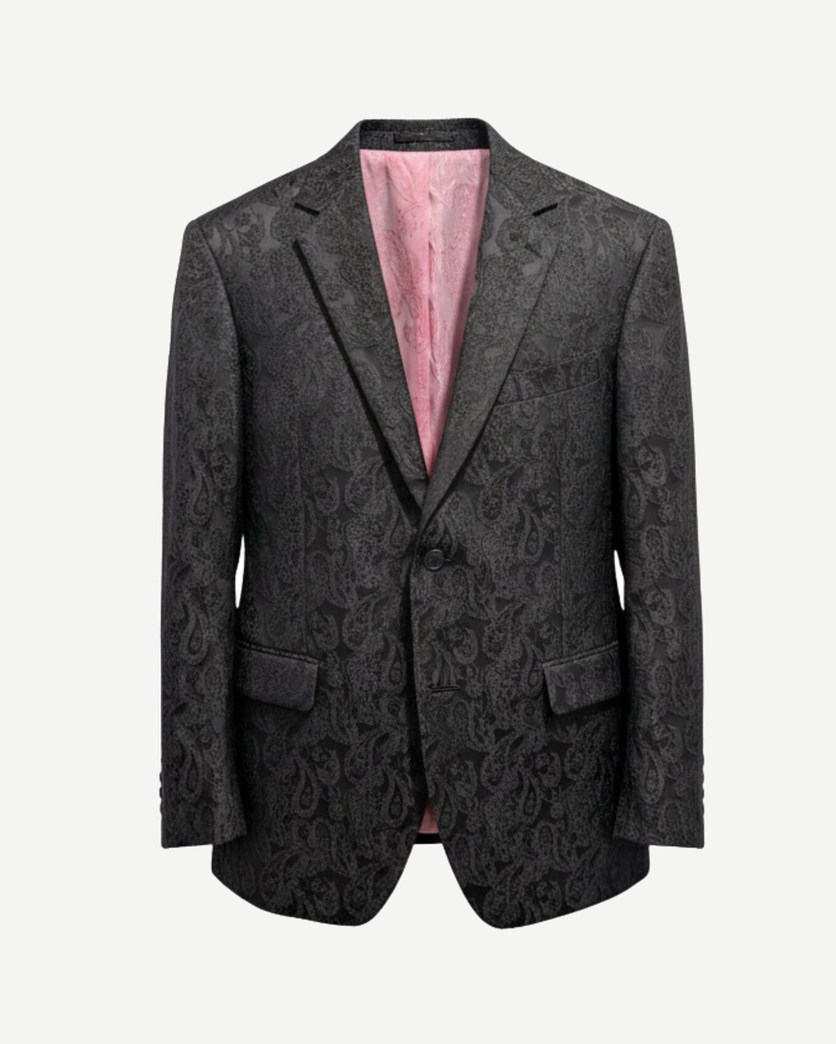 Tailory black crinkled jacquard evening jacket with pink lining front view
