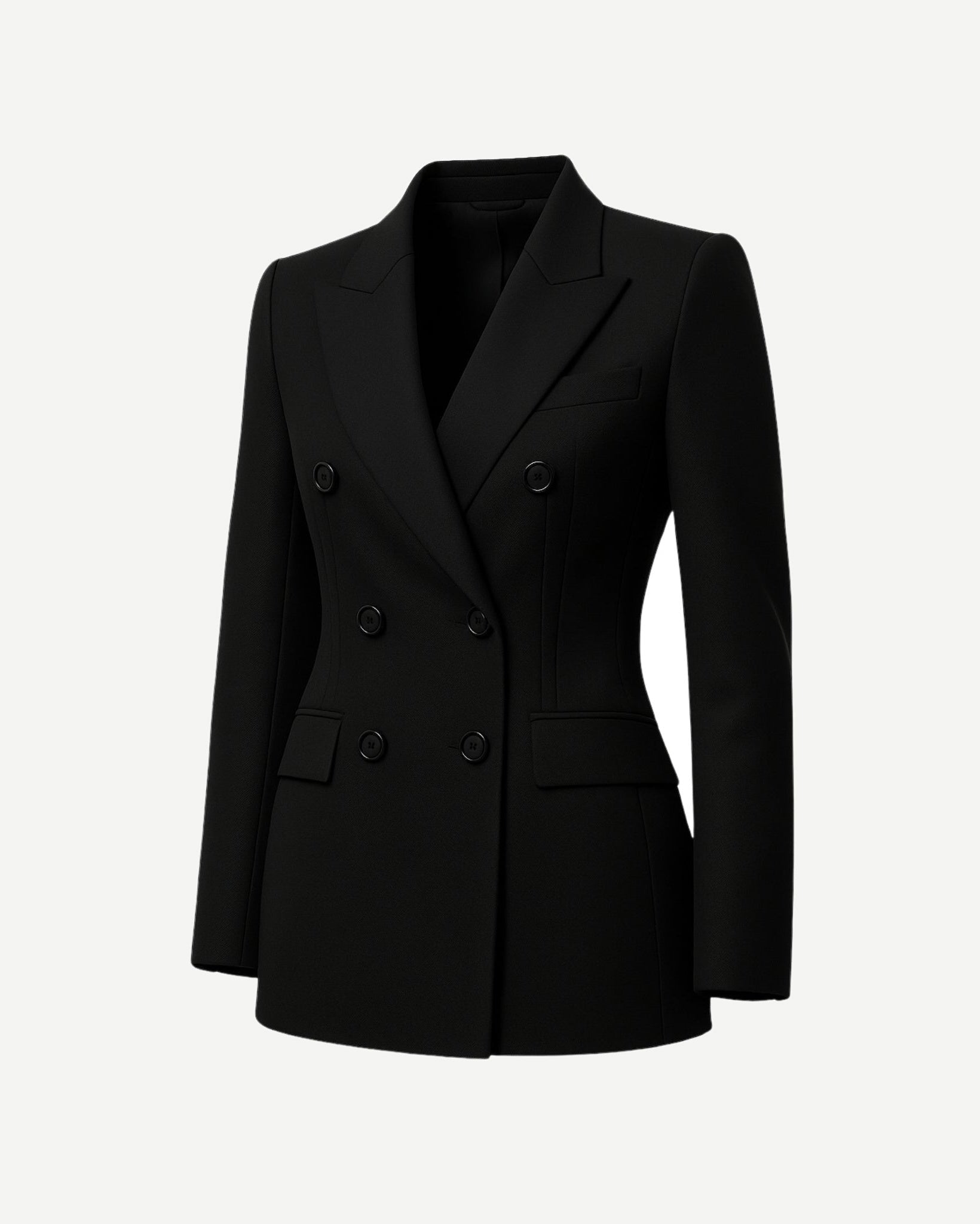 Tailory jet black double-breasted wool jacket side view
