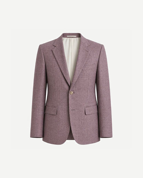 Lavender Rose Wool and Linen Blend Summer Wedding Blazer with a single-button closure, notch lapels, and patch pockets, crafted for refined, breathable warm-weather formalwear.