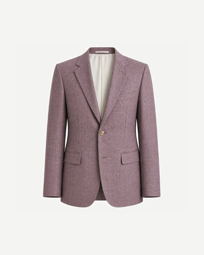 Lavender Rose Wool and Linen Blend Summer Wedding Blazer with a single-button closure, notch lapels, and patch pockets, crafted for refined, breathable warm-weather formalwear.