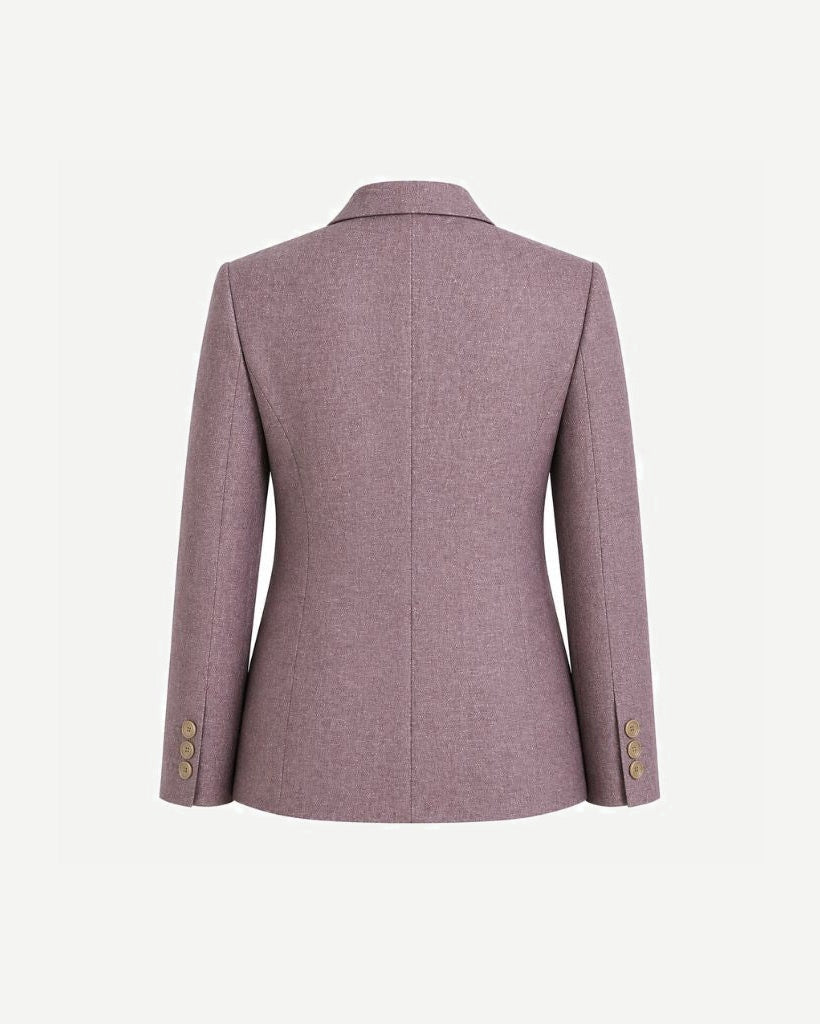 Back view of the Lavender Rose Wool and Linen Blend Summer Wedding Blazer, tailored with a structured silhouette, long sleeves with buttoned cuffs, and a subtle textured fabric ideal for elegant summer suiting.