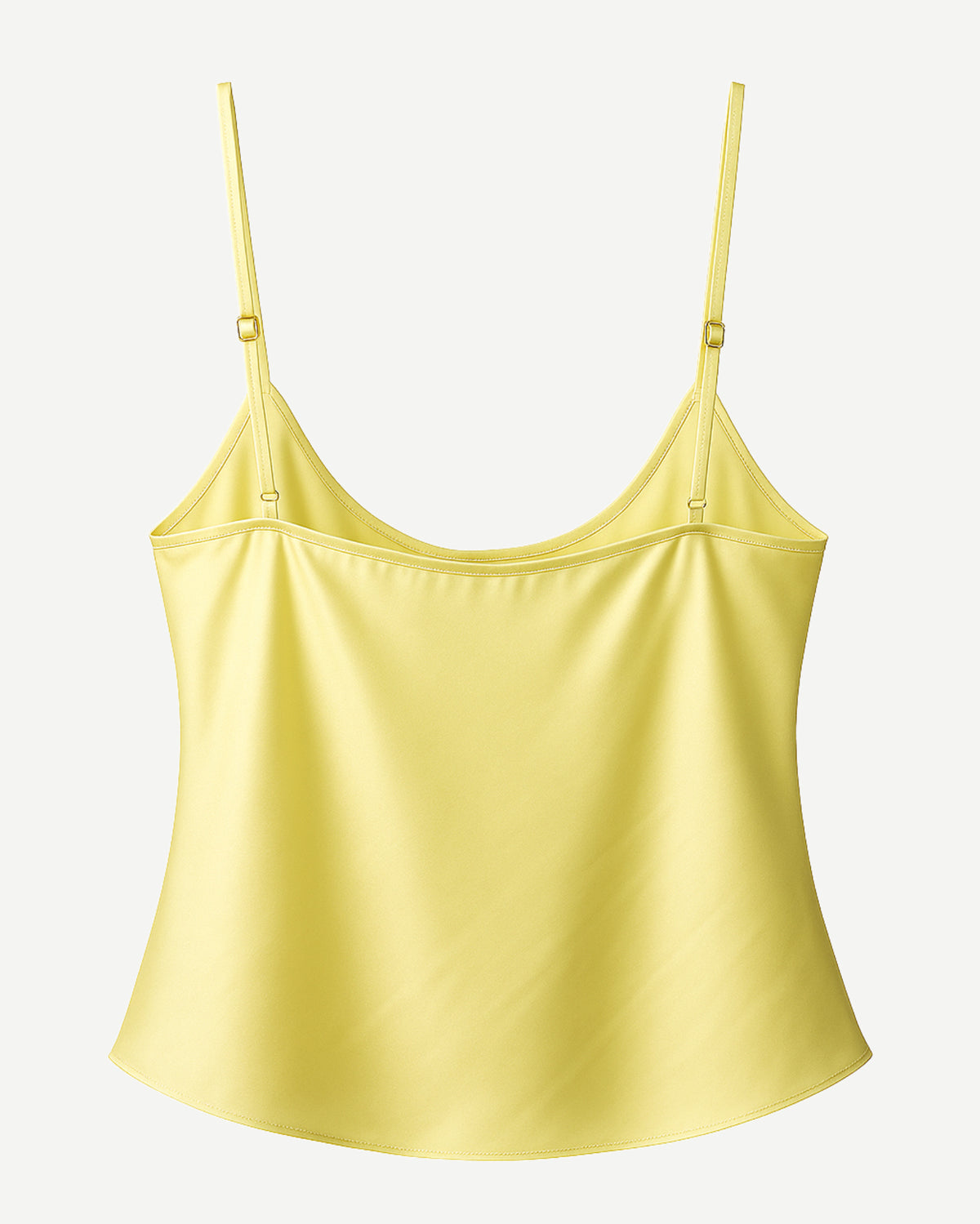 “Back view of yellow satin cami tank top with smooth satin finish and thin adjustable straps.