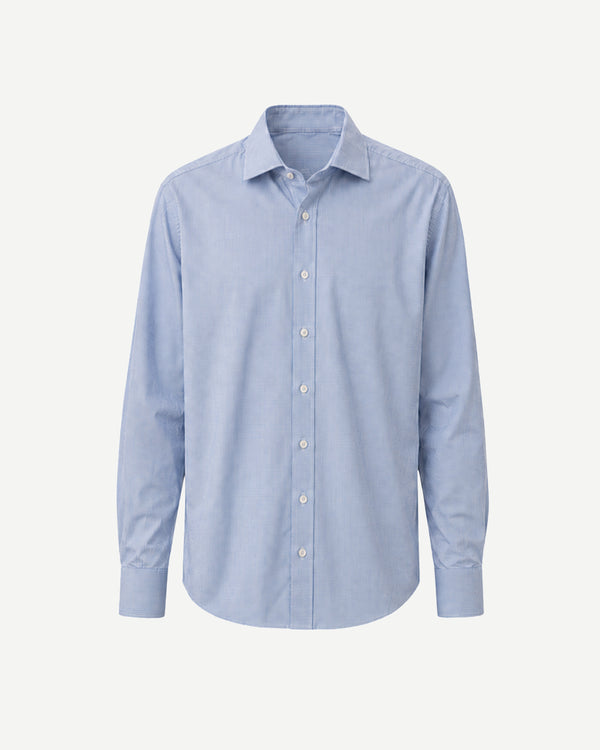 Front view of light blue micro-check button-up shirt with pointed collar and full button closure