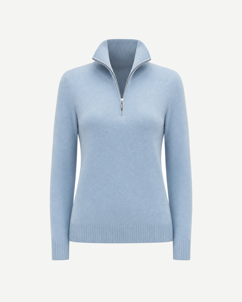 The Tailory New York baby blue Loro Piana baby cashmere quarter zip front view