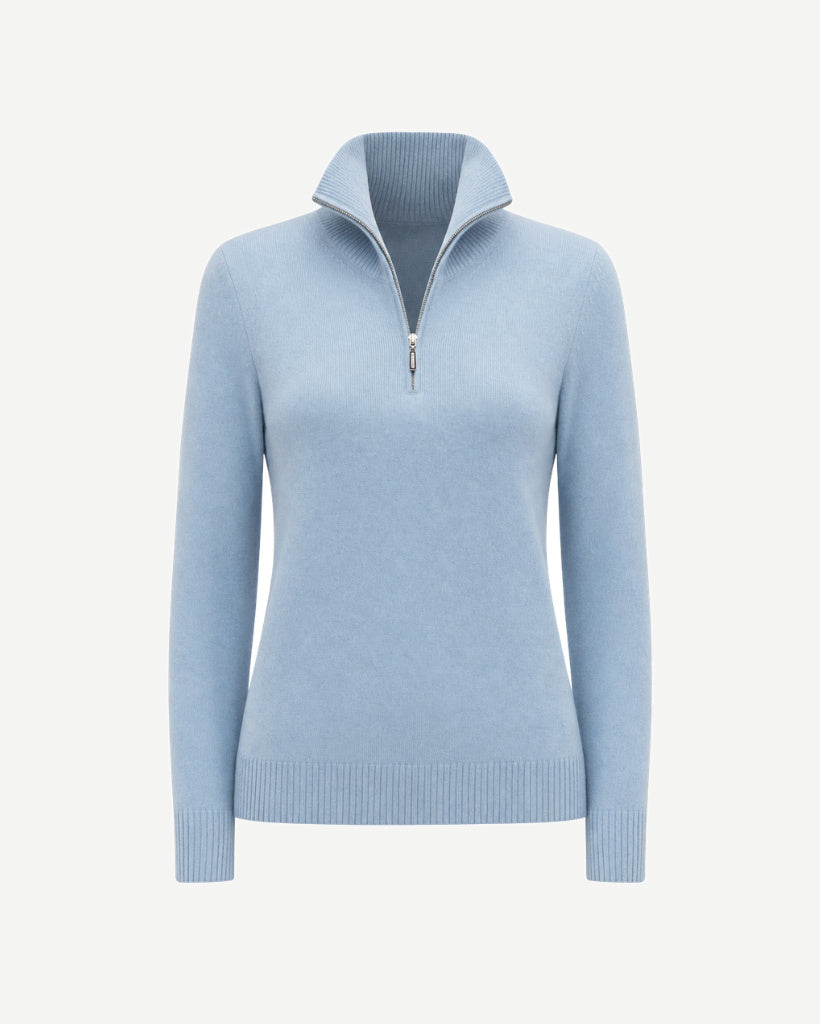The Tailory New York baby blue Loro Piana baby cashmere quarter zip front view