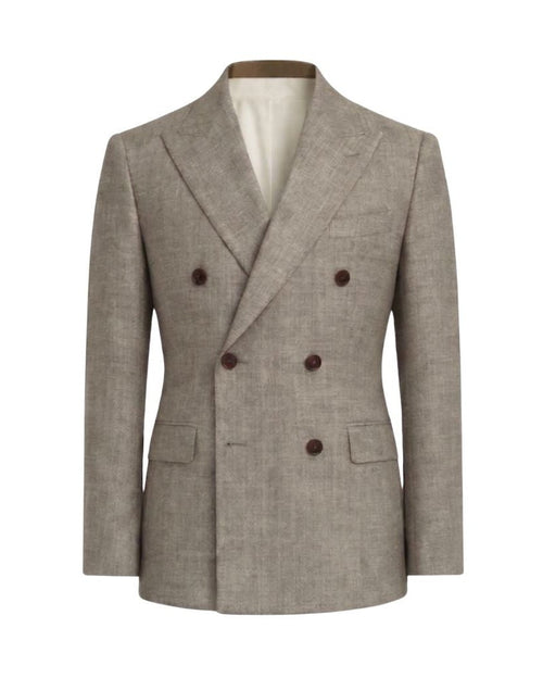 Loro Piana Beige Double-Breasted Wool Blazer showcasing a tailored fit with peak lapels, double-breasted design, and rich wool fabric for refined and elegant menswear.