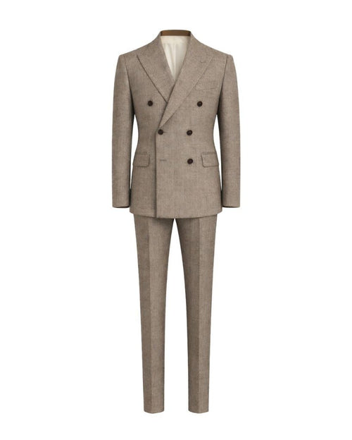 Loro Piana Beige Textured Wool Double-Breasted Suit featuring a tailored silhouette with structured shoulders, peak lapels, and a refined textured wool fabric for sophisticated mens suiting.