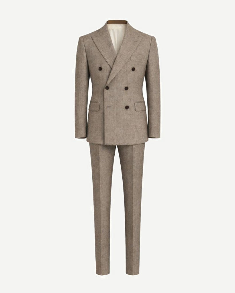 Loro Piana Beige Textured Wool Double-Breasted Suit featuring a tailored silhouette with structured shoulders, peak lapels, and a refined textured wool fabric for sophisticated mens suiting.