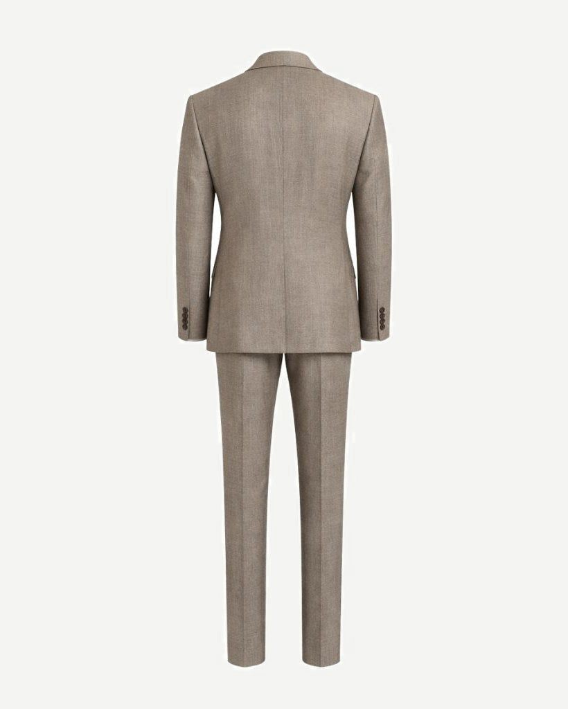 Rear view of the Loro Piana Beige Textured Wool Double-Breasted Suit, featuring a refined tailored fit with structured shoulders and smooth textured wool fabric for luxurious mens suiting.