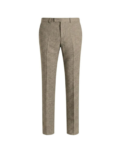 Loro Piana Beige Wool Tailored Trousers displayed front-facing, featuring a slim fit cut with finely textured wool fabric in a soft beige tone for refined formalwear.