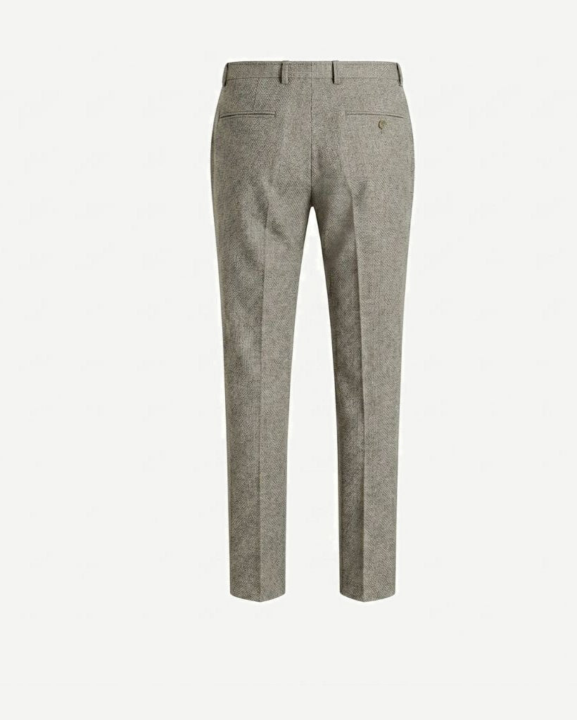 Loro Piana Beige Wool Tailored Trousers shown from the back, featuring a slim, tapered leg with subtle texture in the beige wool fabric for polished formalwear.