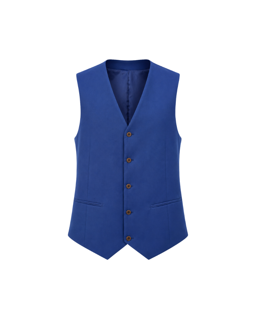 Loro Piana Blue 100% Wool Men’s Fitted Vest in a vibrant blue hue, featuring a sleek single-breasted design with button closure and refined welt pockets for polished menswear layering.